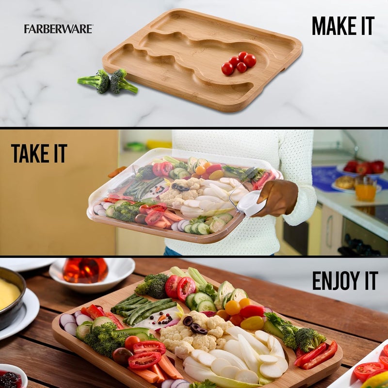 Farberware لوح تقديم على شكل رجل ثلج من الخيزران مع غطاء شفاف، اصنع وخذ صينية تشاركوتيري وحلويات للعطلات - Image 3